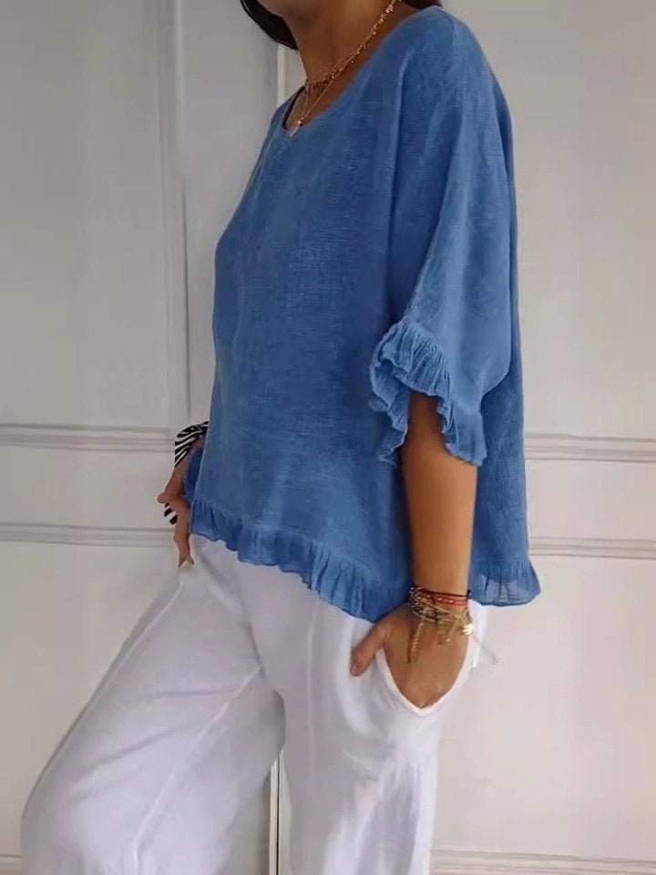 Damen Leichte Rüschen Bluse Kurze Ärmel