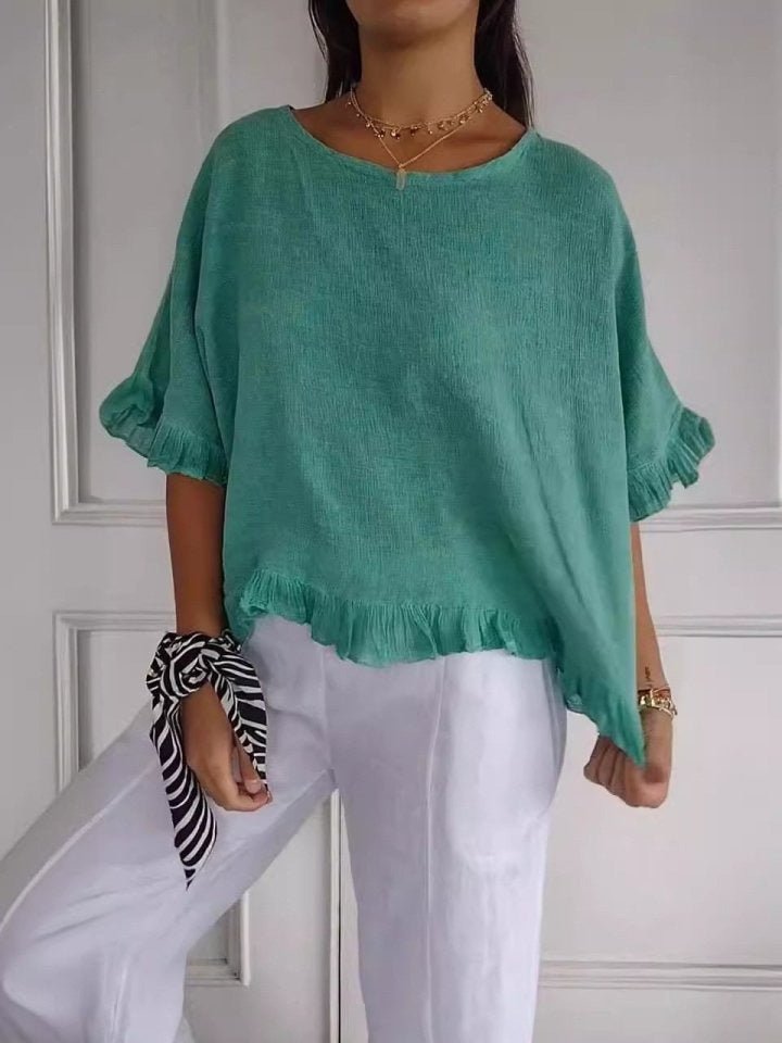Damen Leichte Rüschen Bluse Kurze Ärmel - Green (Almost sold out)