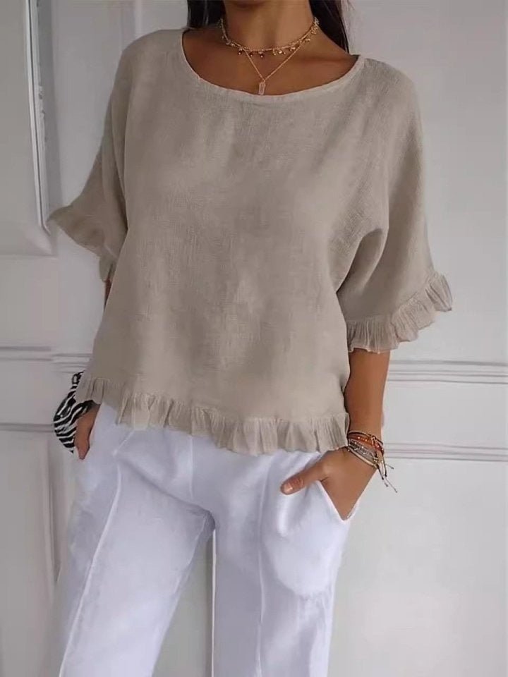 Damen Leichte Rüschen Bluse Kurze Ärmel - Beige