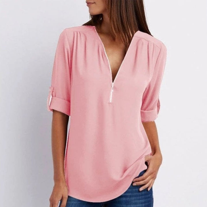 Damen Leichte V-Ausschnitt Reißverschluss Bluse Krempelärmel - Pink