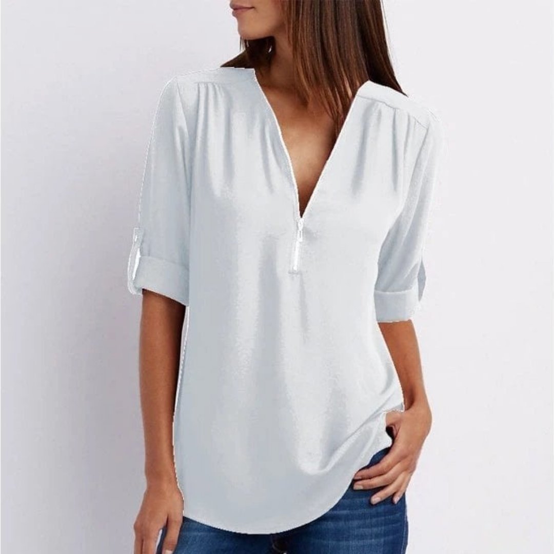 Damen Leichte V-Ausschnitt Reißverschluss Bluse Krempelärmel - White