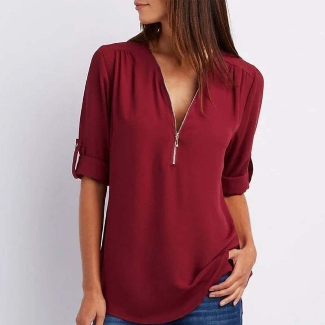 Damen Leichte V-Ausschnitt Reißverschluss Bluse Krempelärmel - Dark Red