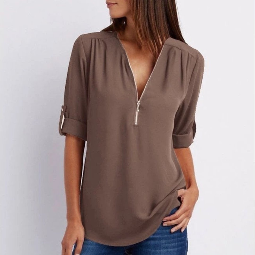 Damen Leichte V-Ausschnitt Reißverschluss Bluse Krempelärmel - Mocha