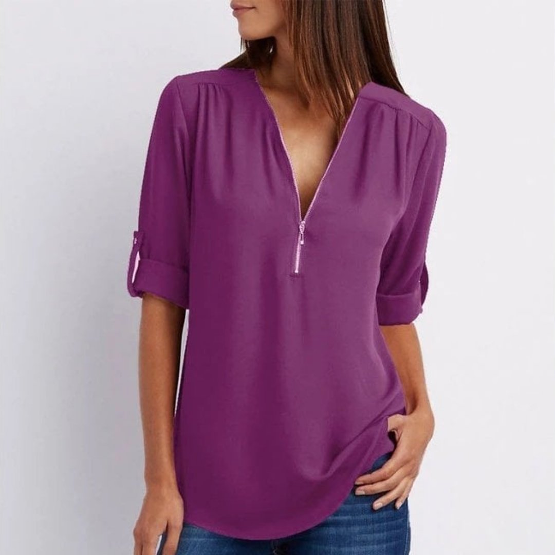 Damen Leichte V-Ausschnitt Reißverschluss Bluse Krempelärmel - Purple
