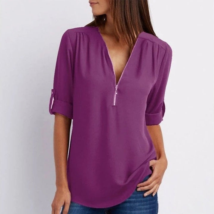 Damen Leichte V-Ausschnitt Reißverschluss Bluse Krempelärmel - Purple