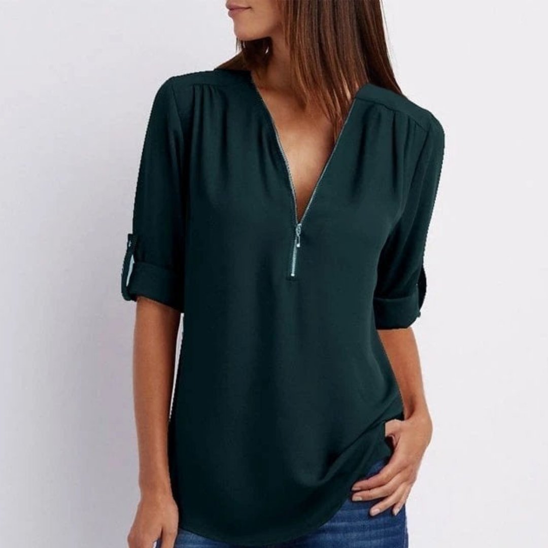 Damen Leichte V-Ausschnitt Reißverschluss Bluse Krempelärmel - Dark Green