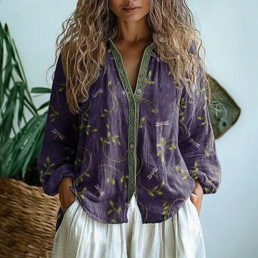 Damen Leinen Bluse Langarm V-Ausschnitt Knopfleiste - Purple