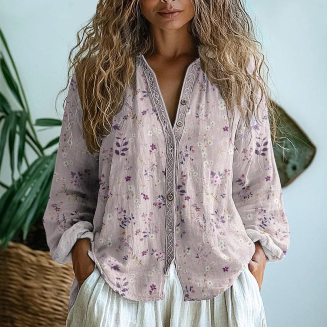 Damen Leinen Bluse Langarm V-Ausschnitt Knopfleiste - Light Pink