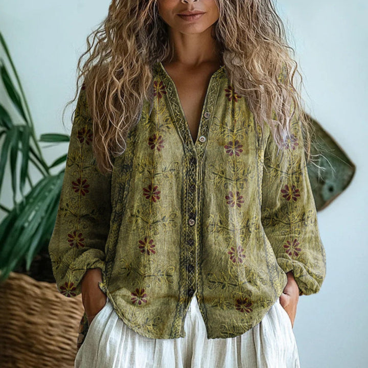 Damen Leinen Bluse Langarm V-Ausschnitt Knopfleiste - Light Olive Green