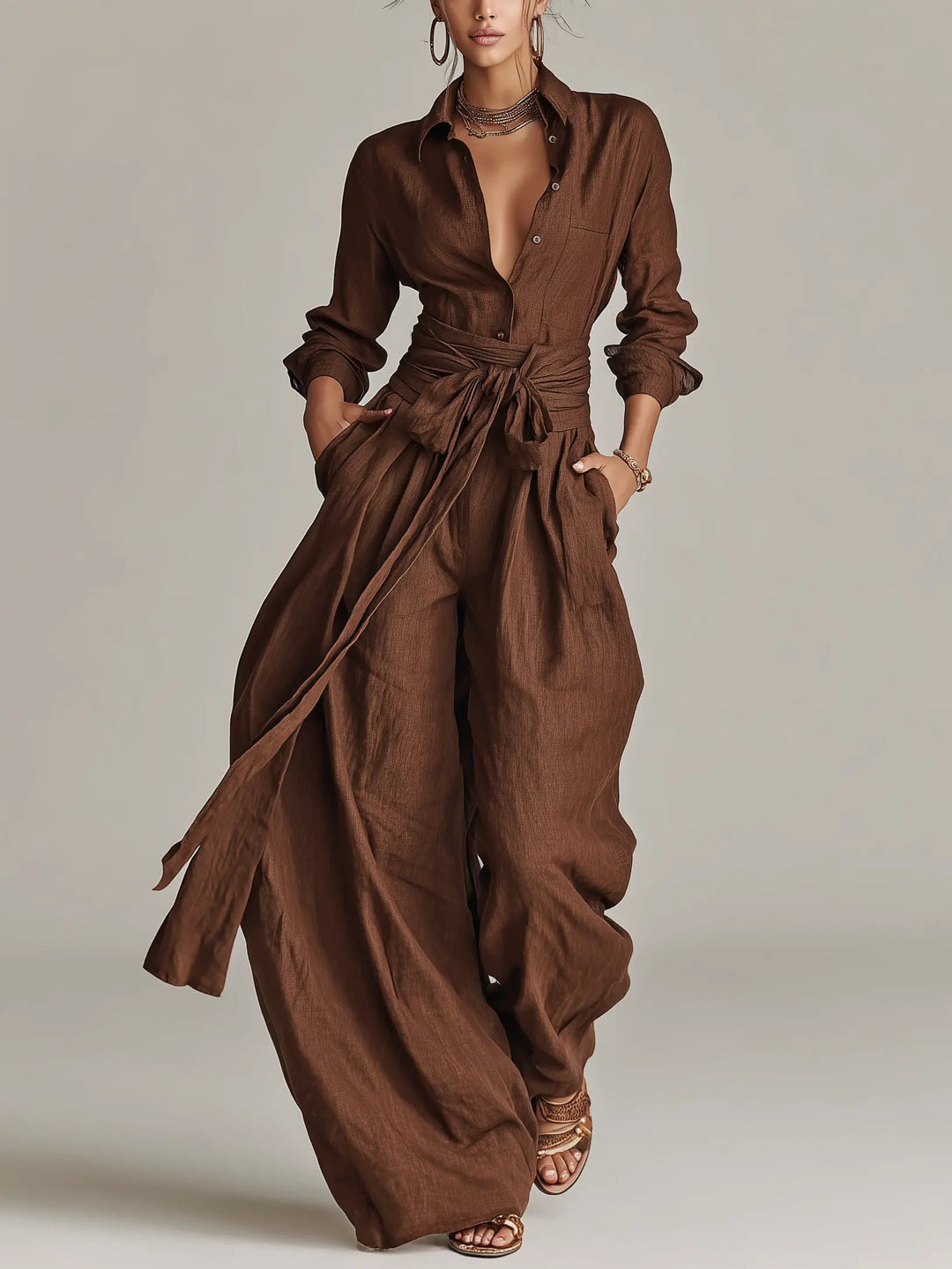 Damen Leinen Hemdkragen Langarm Jumpsuit mit Gürtel - Brown