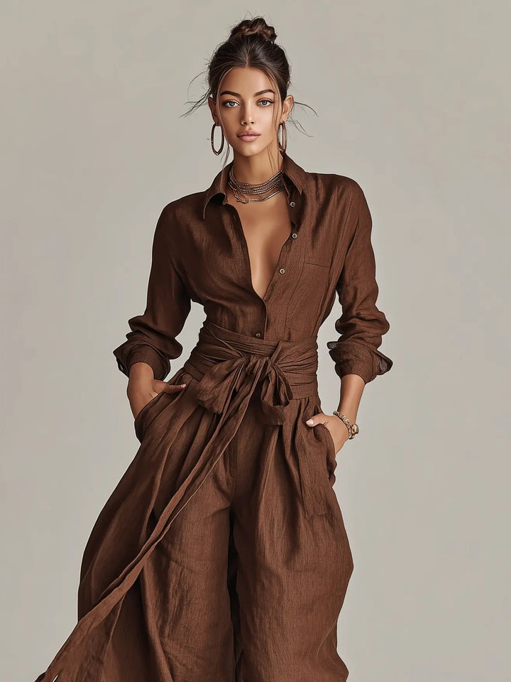 Damen Leinen Hemdkragen Langarm Jumpsuit mit Gürtel