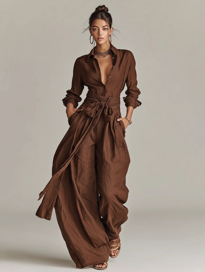 Damen Leinen Hemdkragen Langarm Jumpsuit mit Gürtel