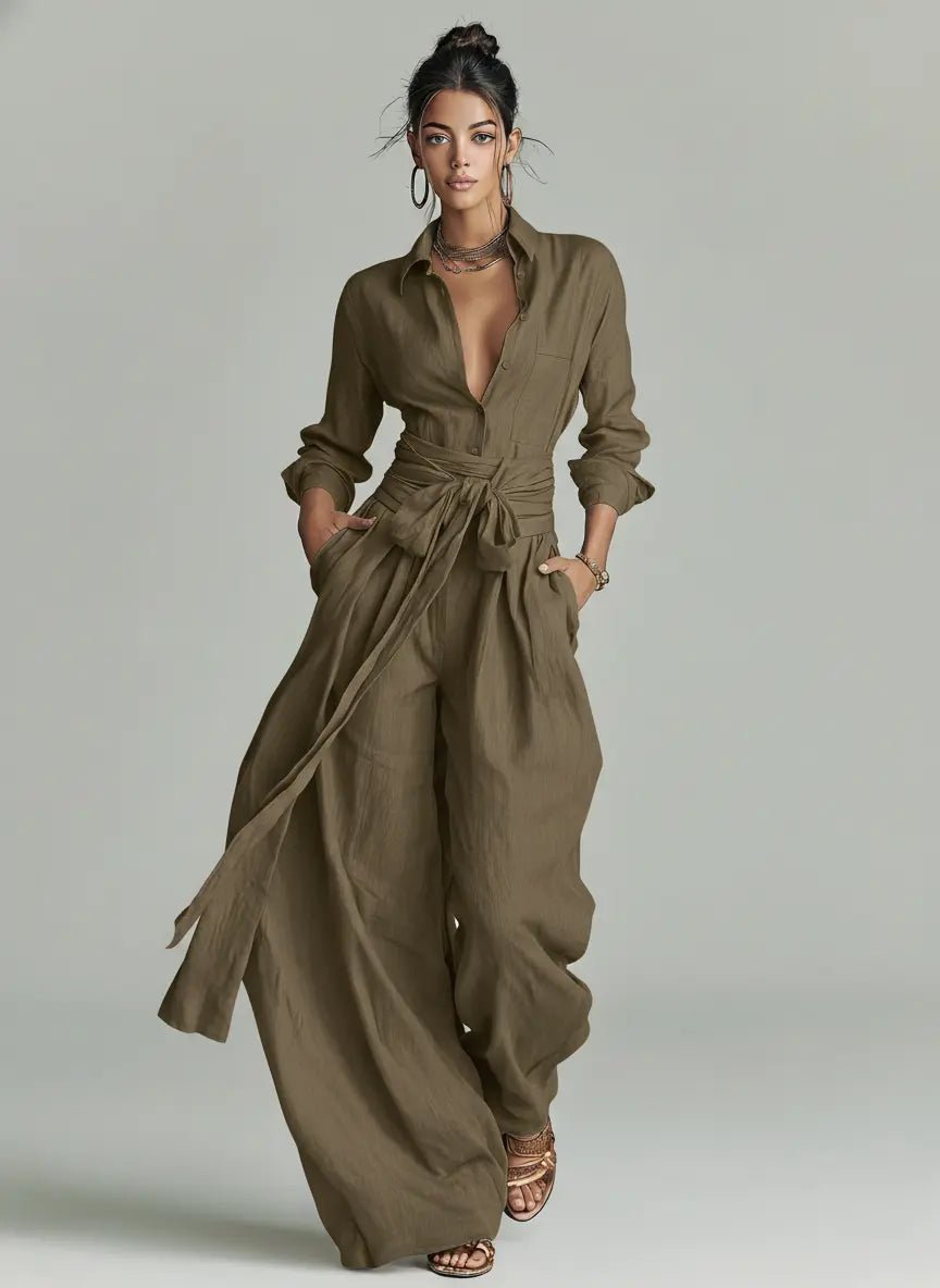 Damen Leinen Hemdkragen Langarm Jumpsuit mit Gürtel - Cold Brown