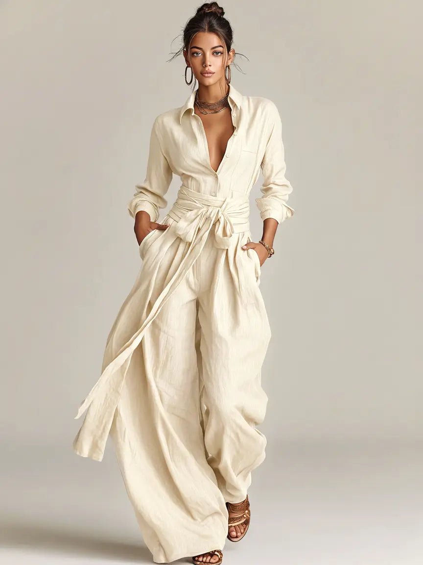 Damen Leinen Hemdkragen Langarm Jumpsuit mit Gürtel - White