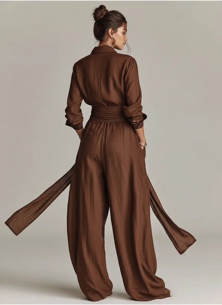 Damen Leinen Hemdkragen Langarm Jumpsuit mit Gürtel