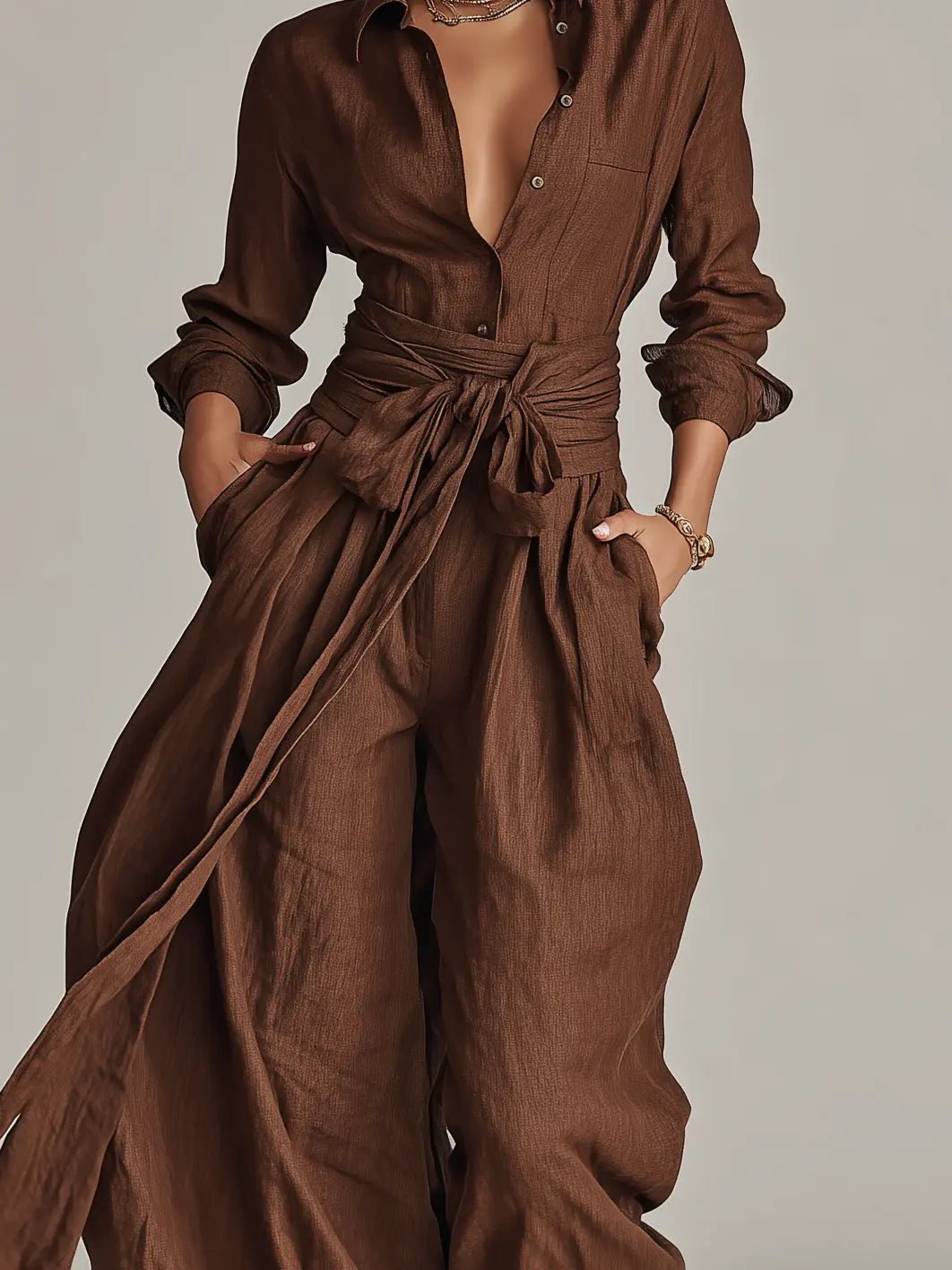 Damen Leinen Hemdkragen Langarm Jumpsuit mit Gürtel