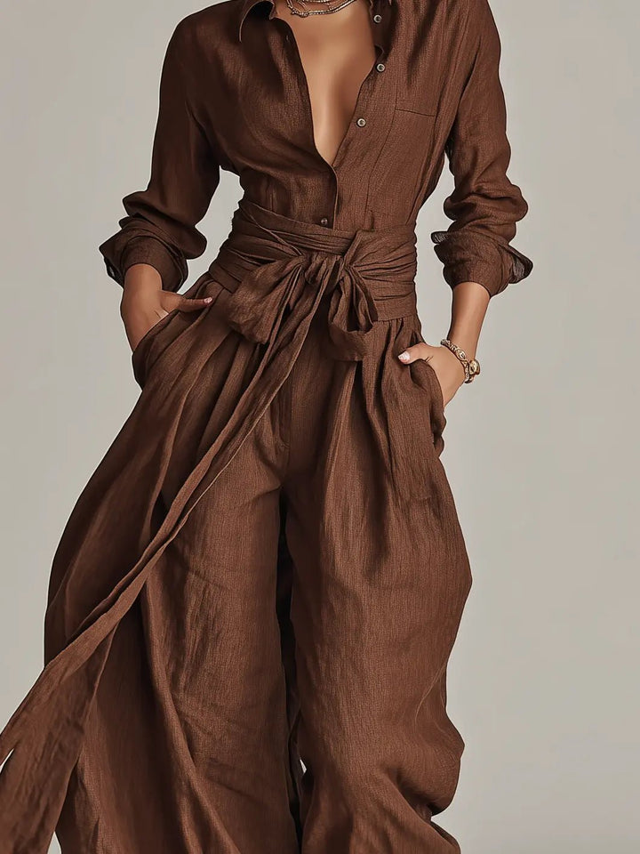 Damen Leinen Hemdkragen Langarm Jumpsuit mit Gürtel