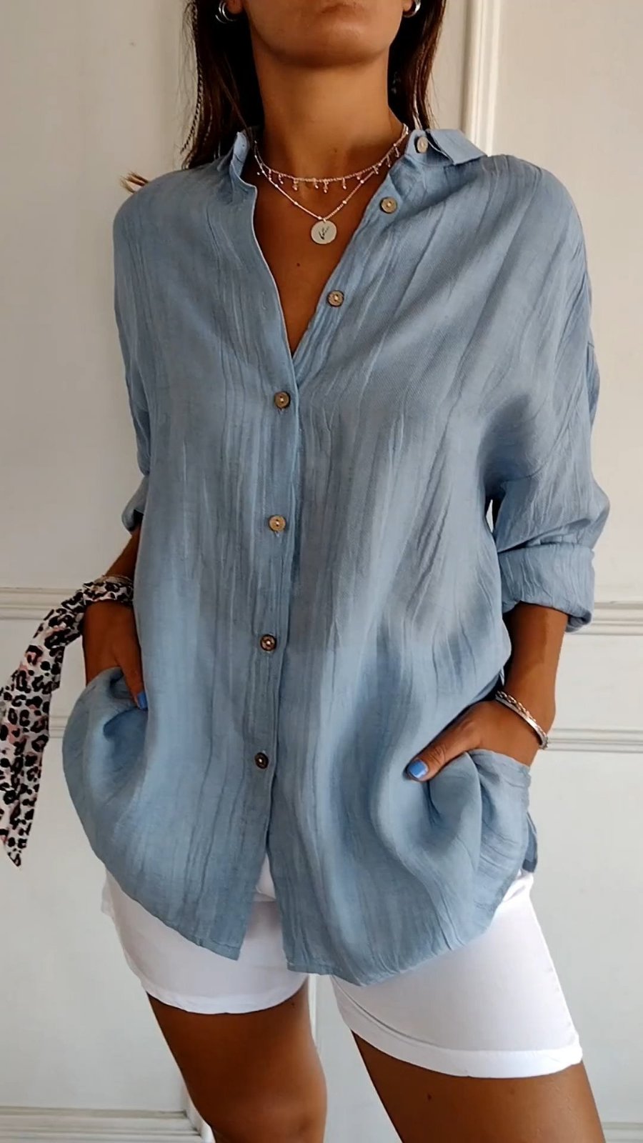 Damen Leinenbluse Oversized Button-Down Kragen Langarm - Steel Blue