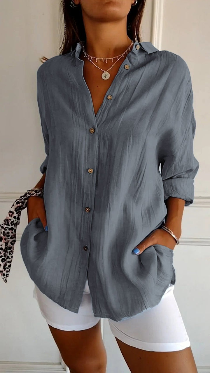 Damen Leinenbluse Oversized Button-Down Kragen Langarm - Gray