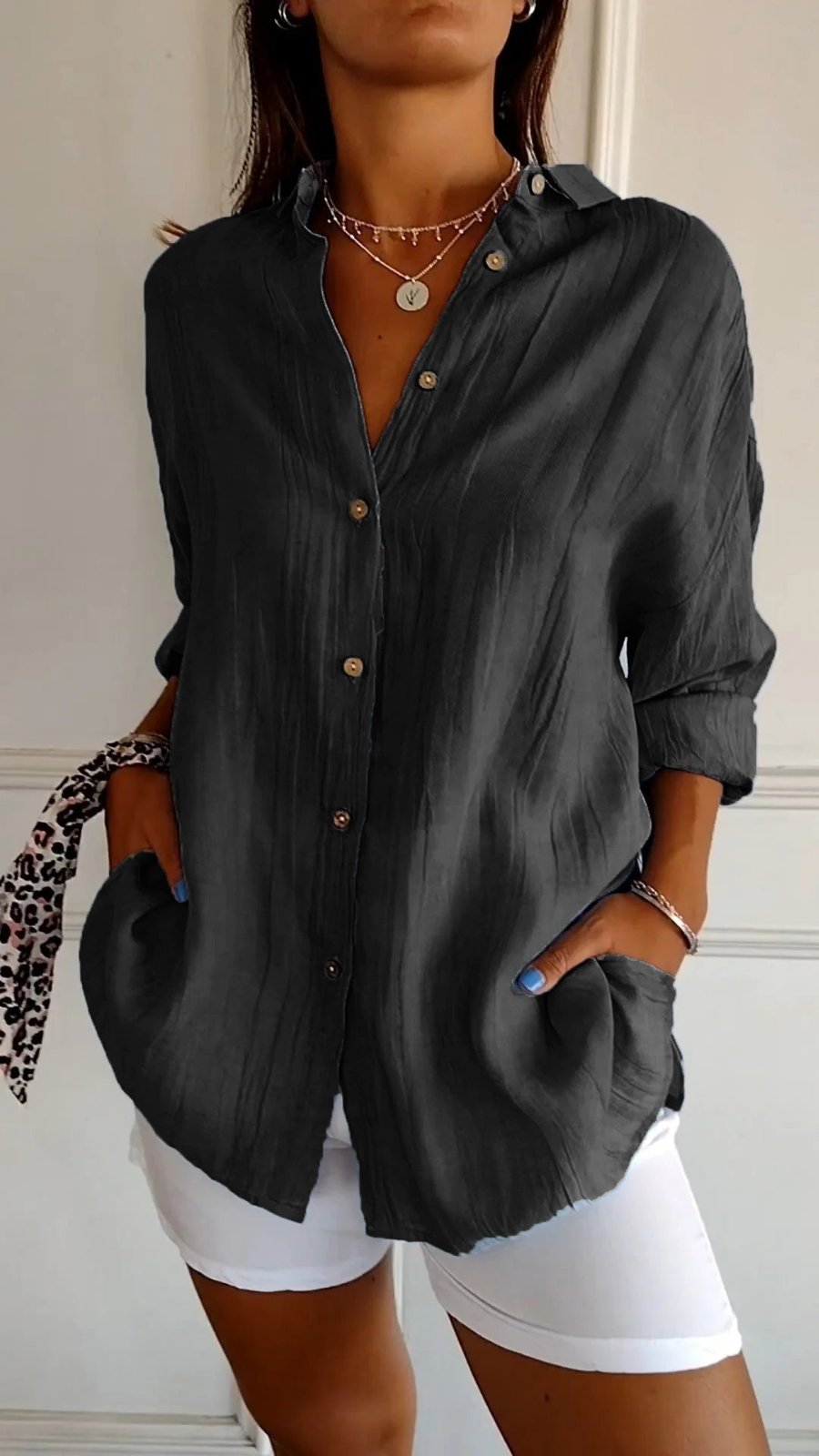 Damen Leinenbluse Oversized Button-Down Kragen Langarm - Black