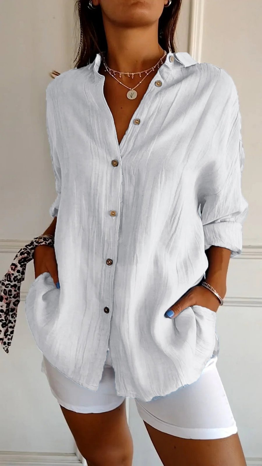 Damen Leinenbluse Oversized Button-Down Kragen Langarm - White