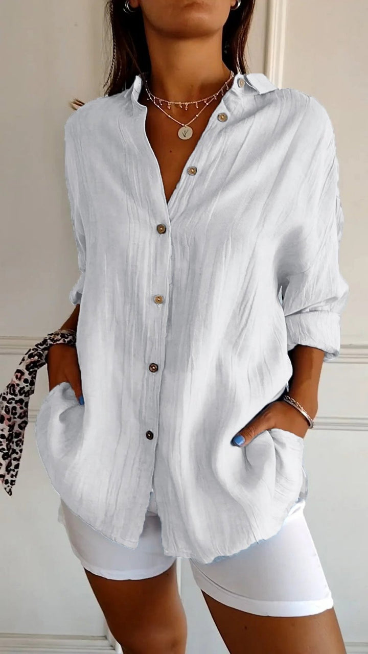 Damen Leinenbluse Oversized Button-Down Kragen Langarm - White
