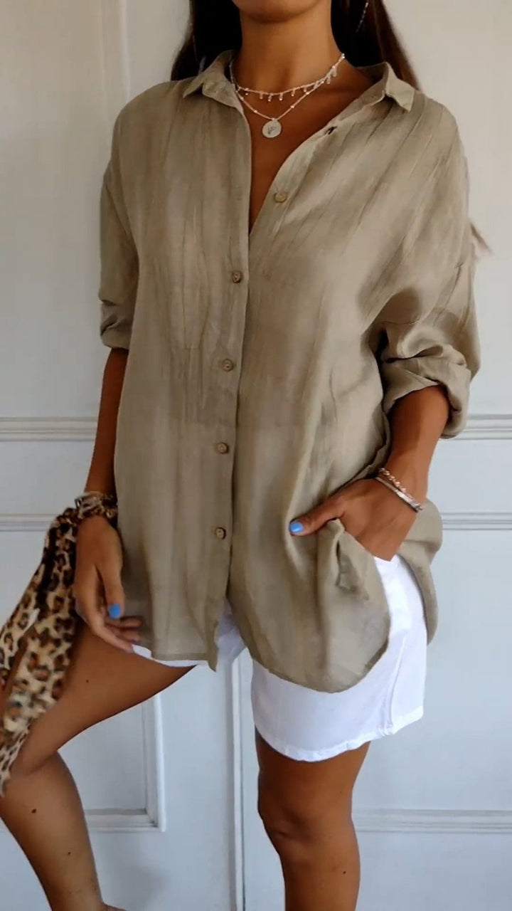 Damen Leinenbluse Oversized Button-Down Kragen Langarm - Khaki
