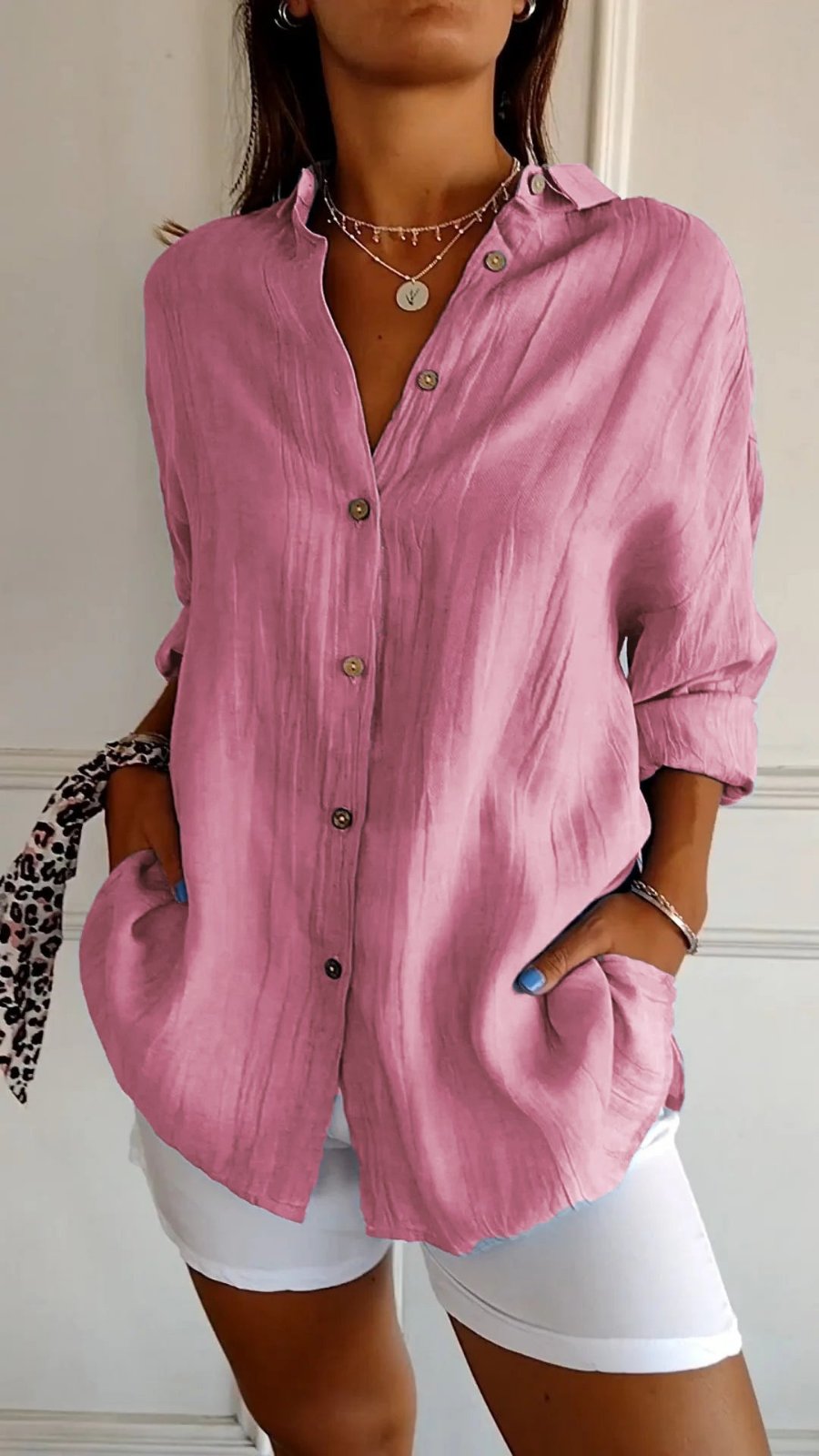Damen Leinenbluse Oversized Button-Down Kragen Langarm - Pink