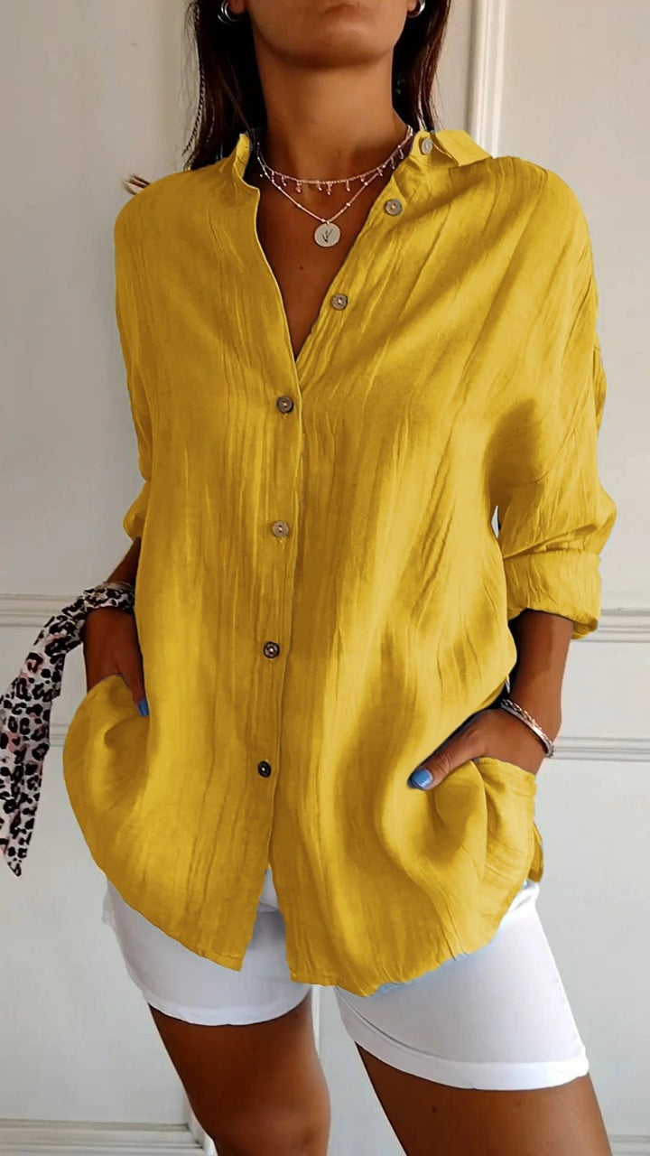 Damen Leinenbluse Oversized Button-Down Kragen Langarm - Yellow