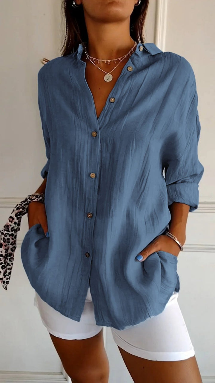 Damen Leinenbluse Oversized Button-Down Kragen Langarm - Dark Blue
