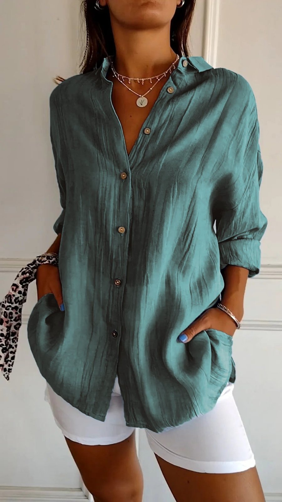 Damen Leinenbluse Oversized Button-Down Kragen Langarm - Teal Green