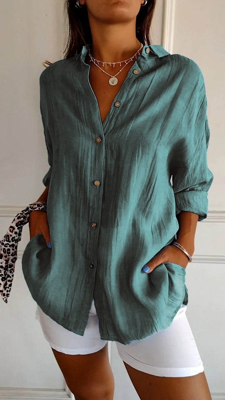 Damen Leinenbluse Oversized Button-Down Kragen Langarm - Teal Green