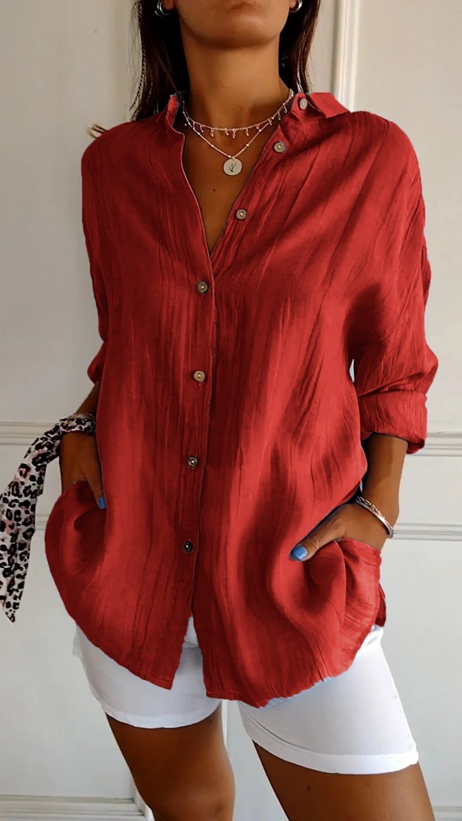 Damen Leinenbluse Oversized Button-Down Kragen Langarm - Red