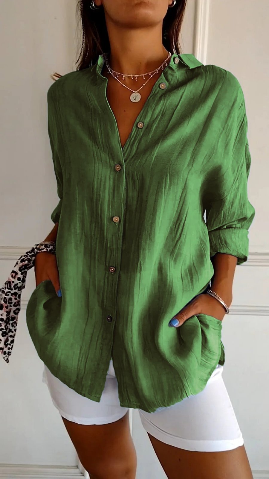 Damen Leinenbluse Oversized Button-Down Kragen Langarm - Green