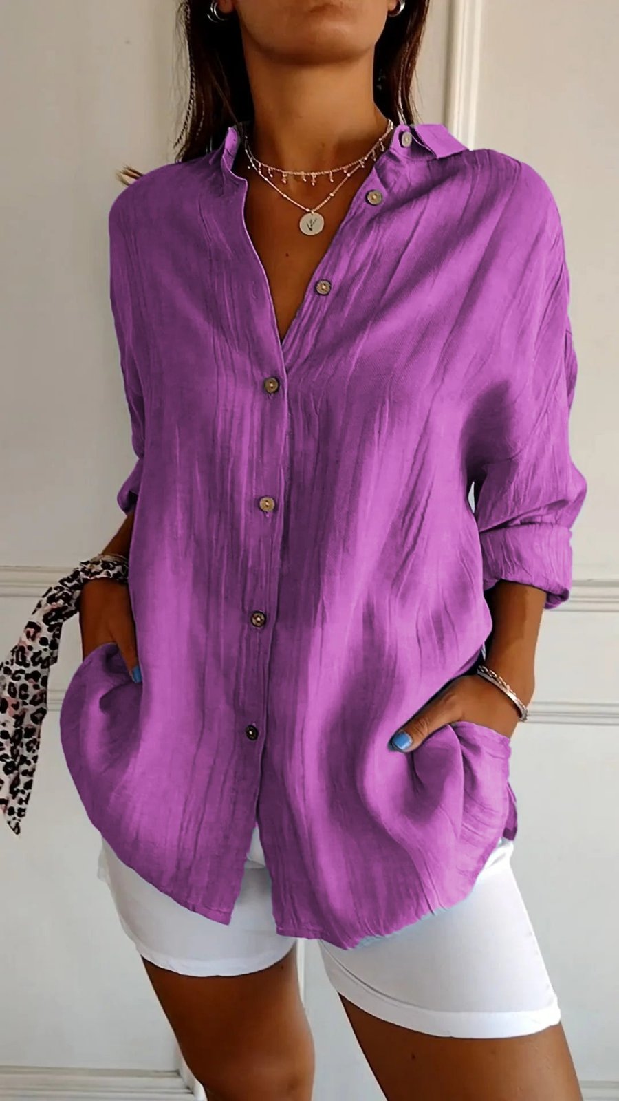 Damen Leinenbluse Oversized Button-Down Kragen Langarm - Purple