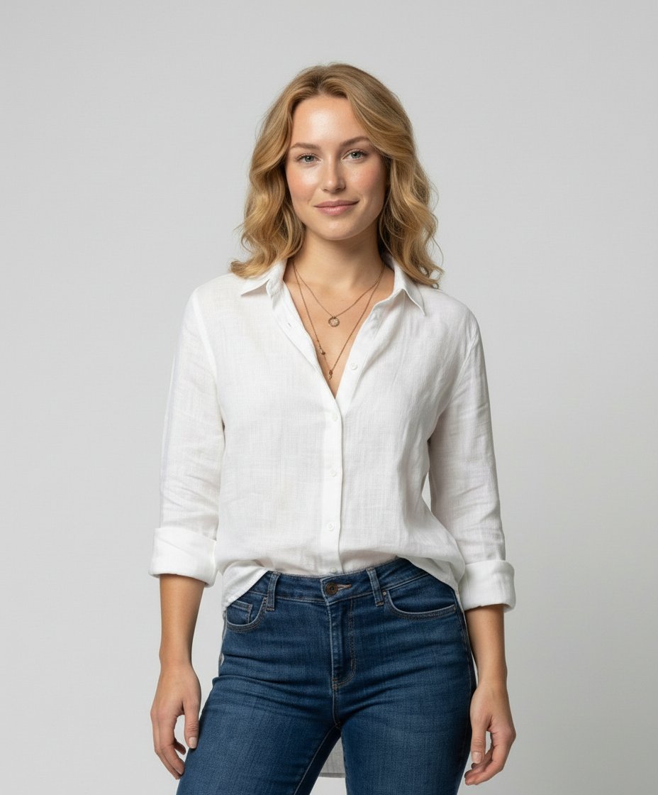 Damen Leinenstil Dreiviertelarm Klassische Bluse - White