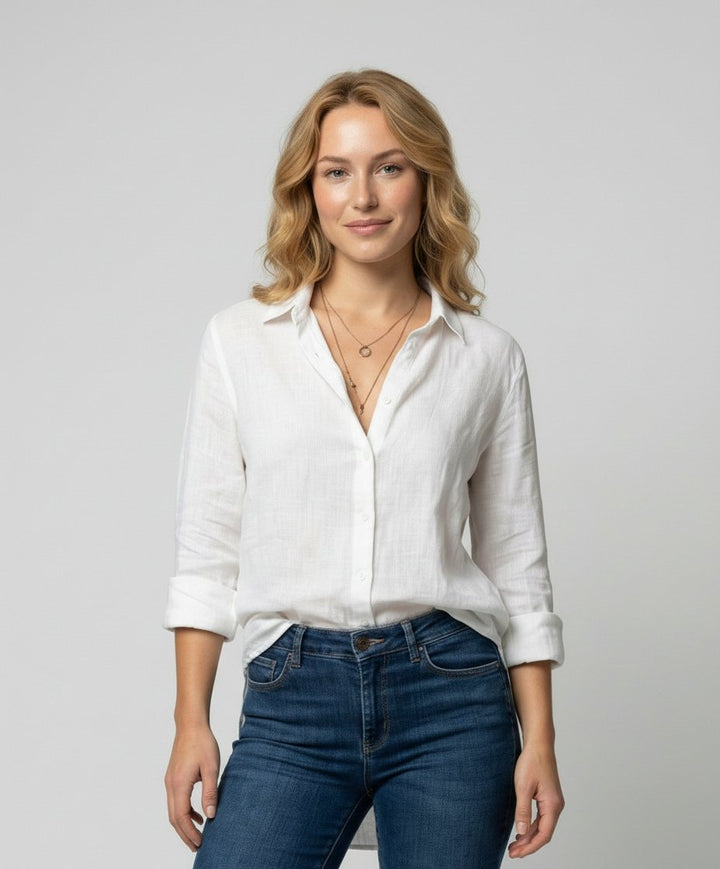 Damen Leinenstil Dreiviertelarm Klassische Bluse - White