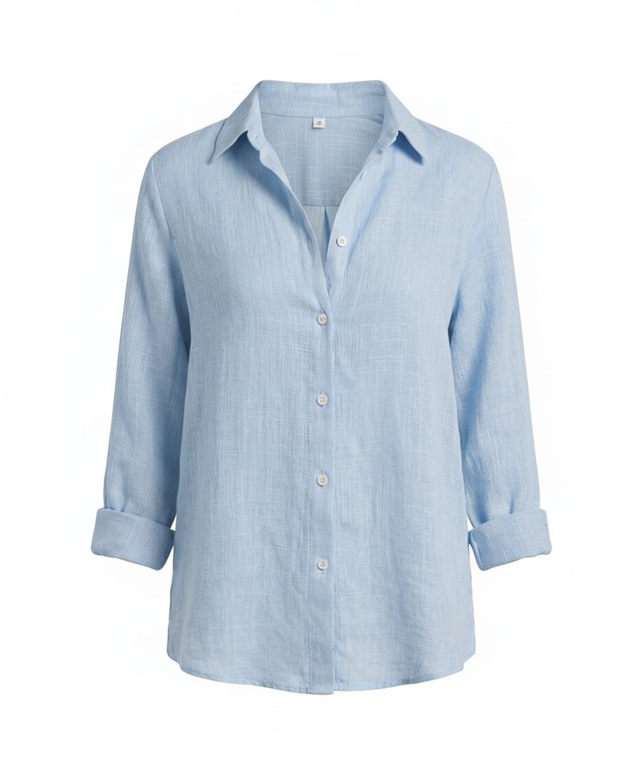 Damen Leinenstil Dreiviertelarm Klassische Bluse - Blue