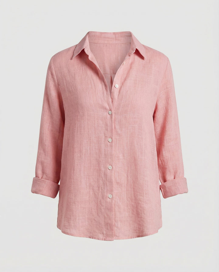 Damen Leinenstil Dreiviertelarm Klassische Bluse - Pink