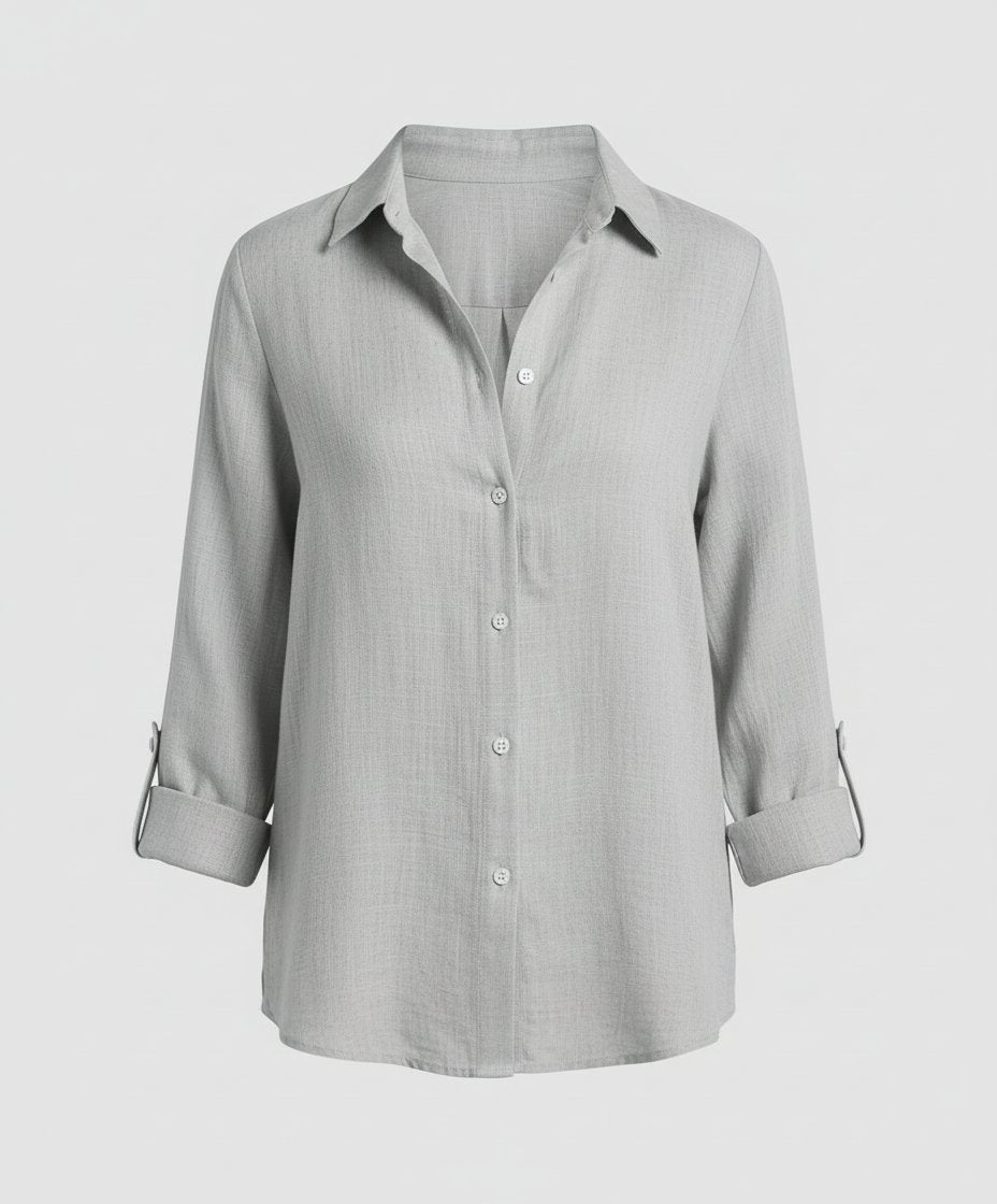 Damen Leinenstil Dreiviertelarm Klassische Bluse - Gray