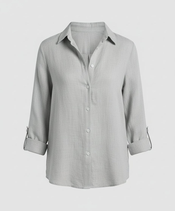 Damen Leinenstil Dreiviertelarm Klassische Bluse - Gray