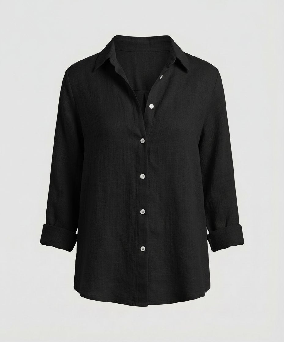 Damen Leinenstil Dreiviertelarm Klassische Bluse - Black