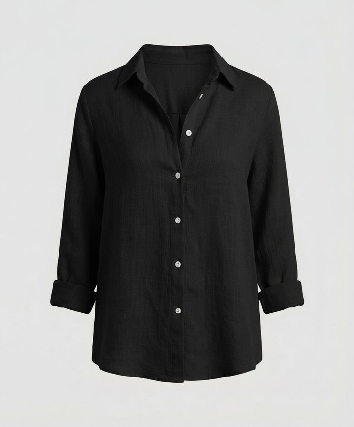Damen Leinenstil Dreiviertelarm Klassische Bluse - Black