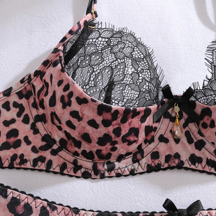 Damen Leopard-Print Spitzen-BH Höschen Strumpfgürtel Dessous Set
