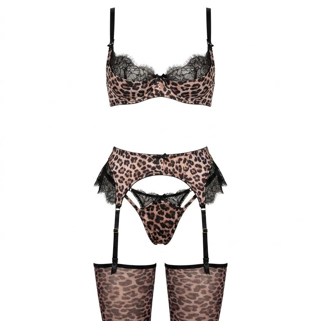 Damen Leopard-Print Spitzen-BH Höschen Strumpfgürtel Dessous Set - Leopard