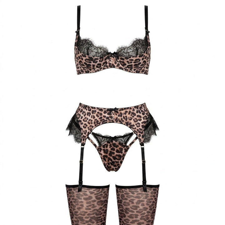 Damen Leopard-Print Spitzen-BH Höschen Strumpfgürtel Dessous Set - Leopard