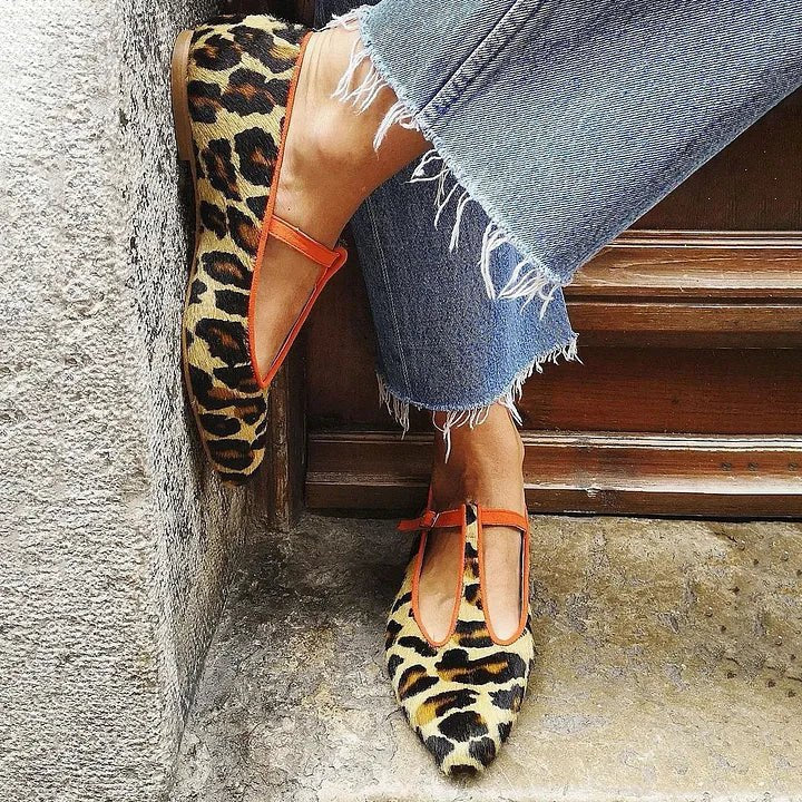 Damen Leopard-Print Spitzschuh T-Riemen Ballerinas Linen-Look