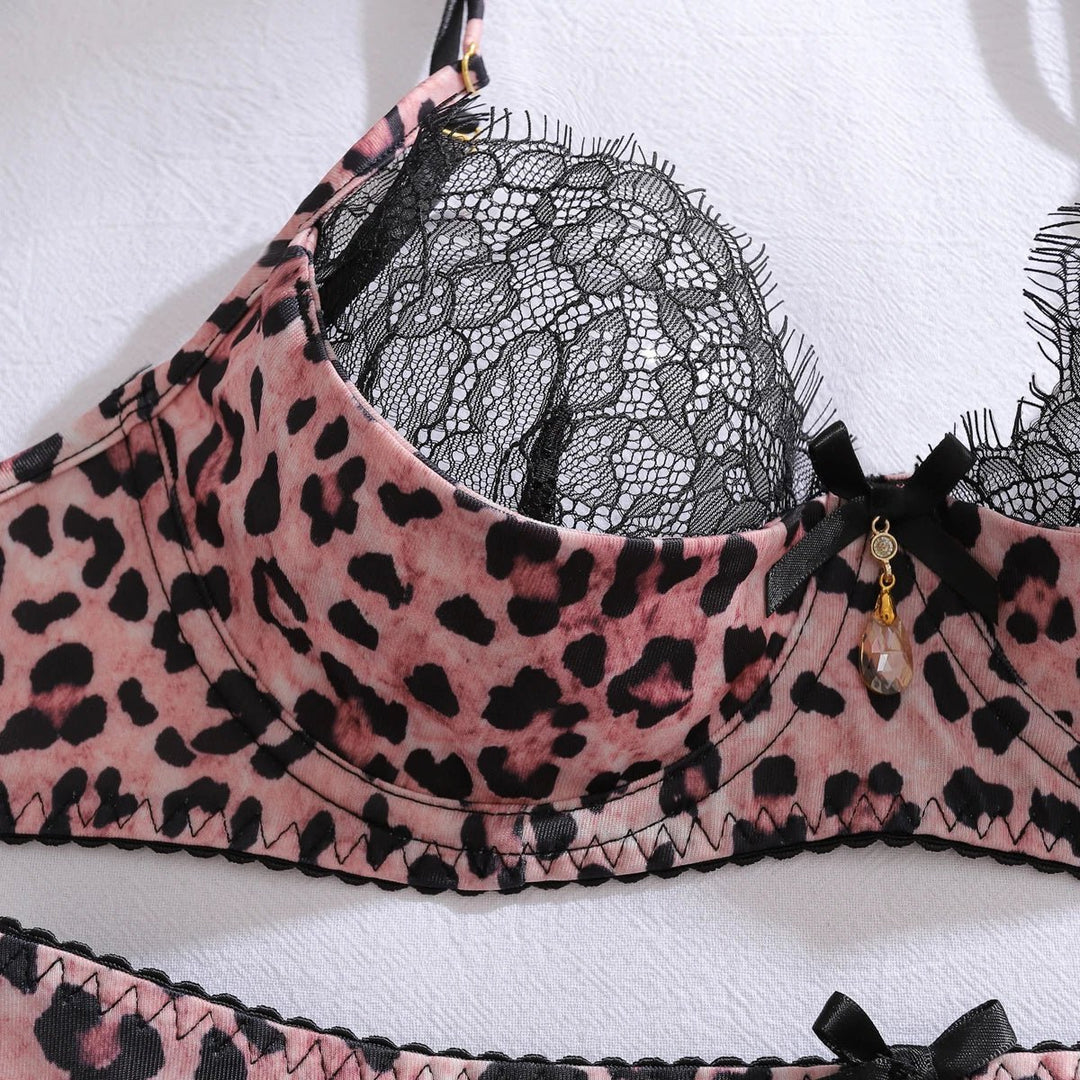 Damen Leoparden Dessous-Set mit Spitzenbesatz vierteilig