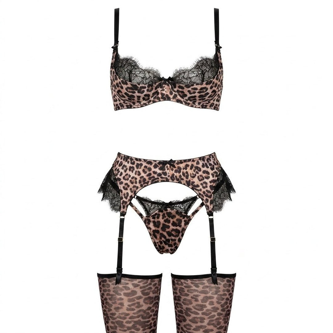 Damen Leoparden Dessous-Set mit Spitzenbesatz vierteilig - Leopard