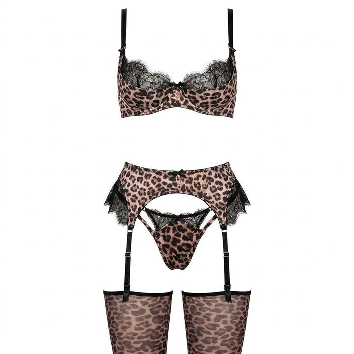 Damen Leoparden Dessous-Set mit Spitzenbesatz vierteilig - Leopard